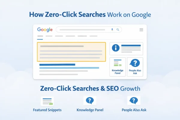 How zero-click searches work on Google showing featured snippets, knowledge panels, and People Also Ask for SEO growth