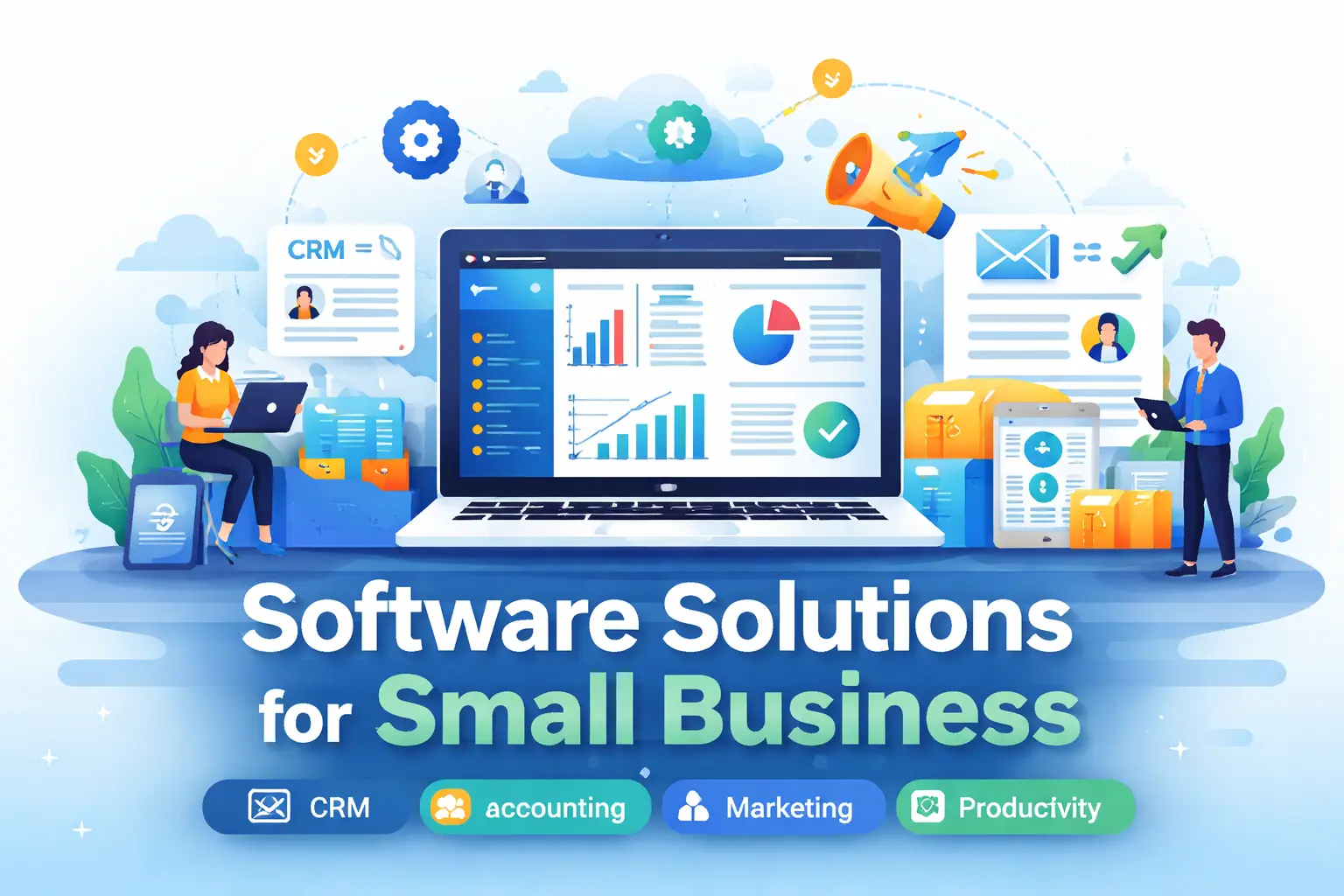 Software solutions for small business showing CRM, accounting, marketing, and productivity tools in 2026