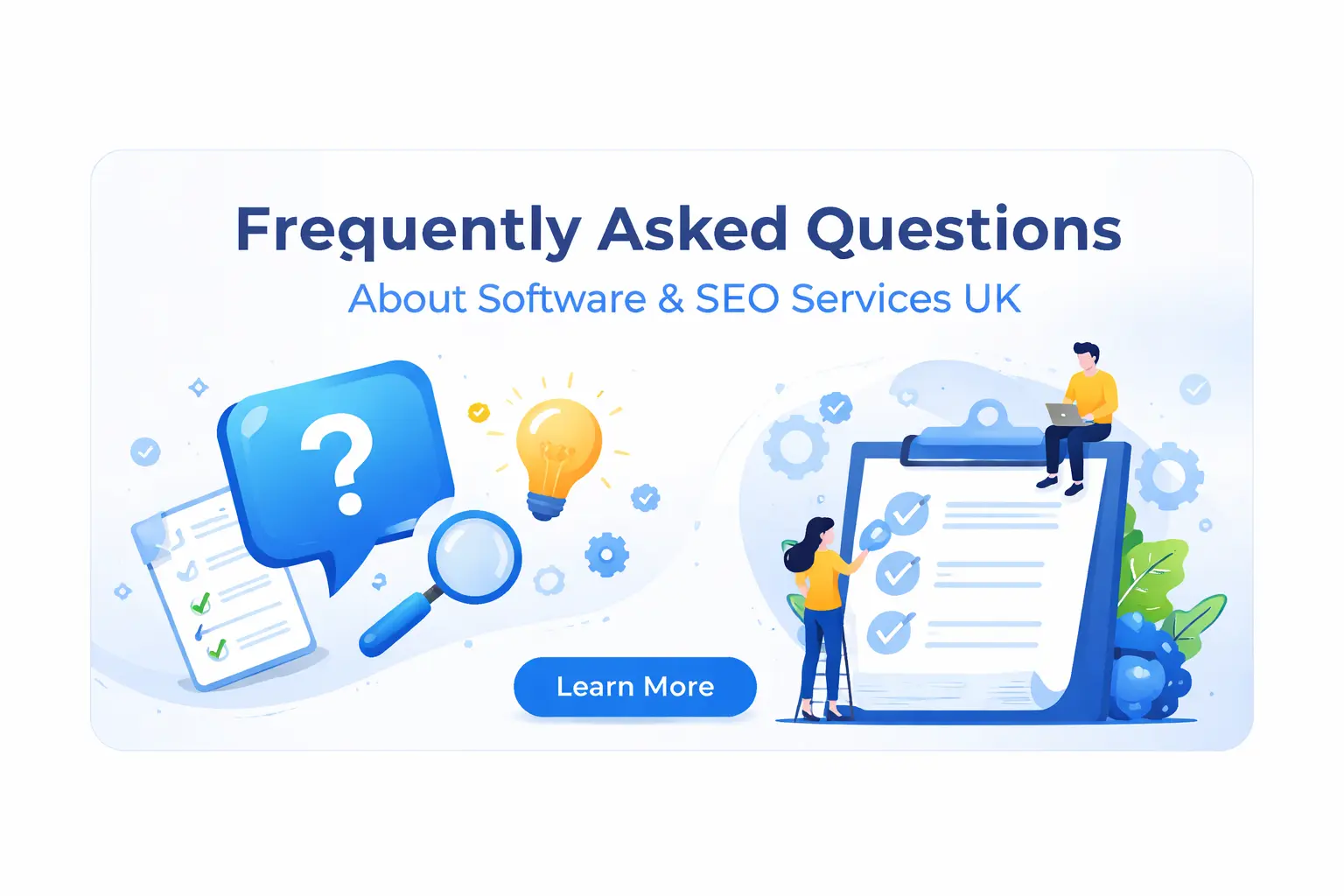 Frequently Asked Questions banner for software development and SEO services UK by Techwiser Solutions with icons and checklist illustration
