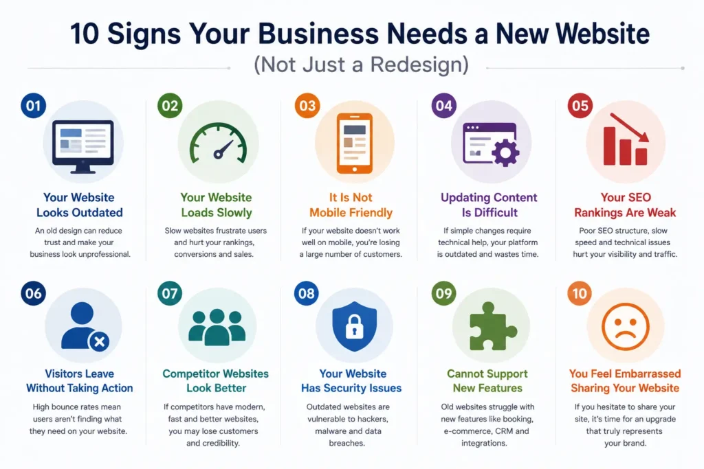 10 signs your business needs a new website infographic showing outdated design, slow website speed, poor SEO and mobile issues