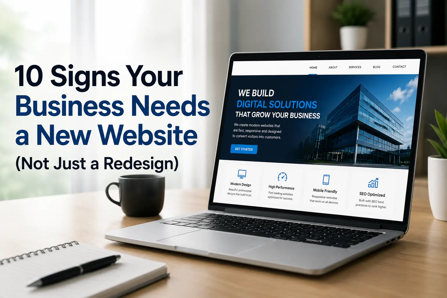 Business needs a new website concept with modern office workspace and website redesign display