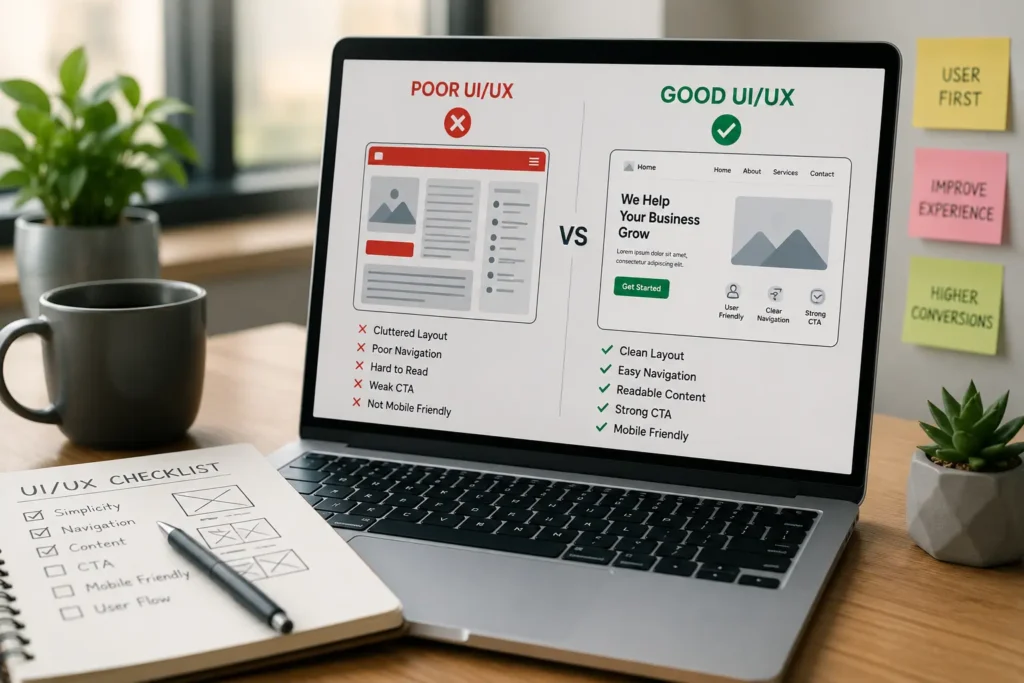 UI/UX design mistakes infographic showing website conversion issues and user experience problems on desktop website layout