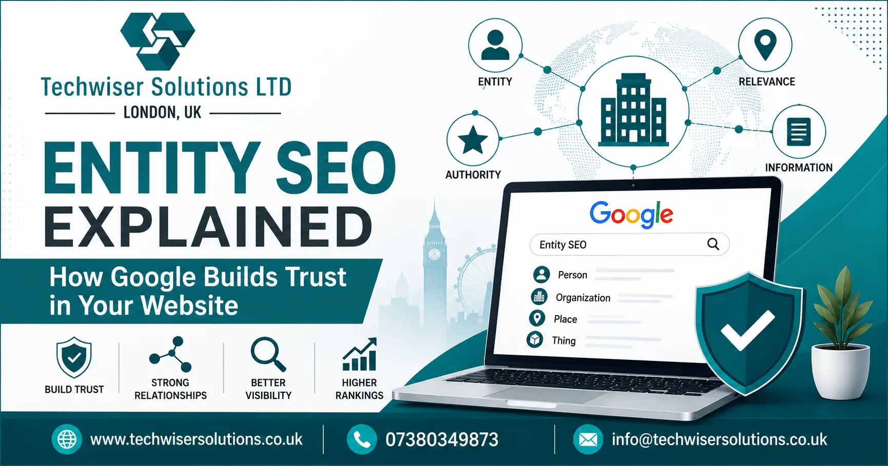 Entity SEO strategy showing Google trust signals, schema markup, semantic SEO, and topical authority for UK businesses.